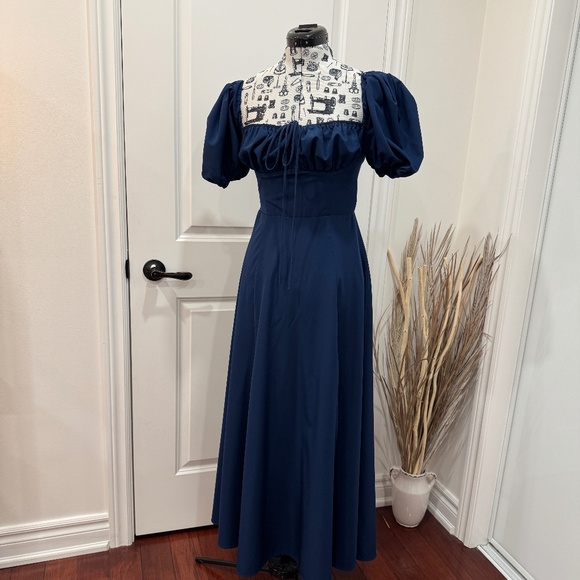 Navy Puff Sleeve Lined Maxi Dress with Slit - Picture 1 of 5
